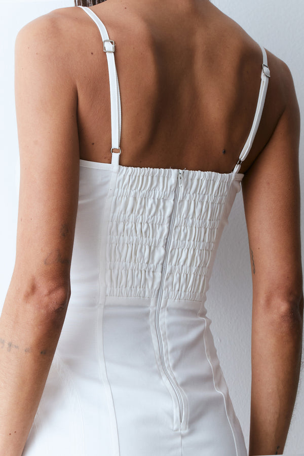 VESTIDO MIDI RECORTES PESPONTADOS EM VIES DE CETIM OFF WHITE