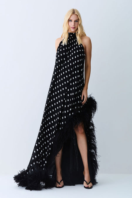 VESTIDO MULLET GOLA ALTA COM AMARRACAO EM POA PRETO COM BRANCO