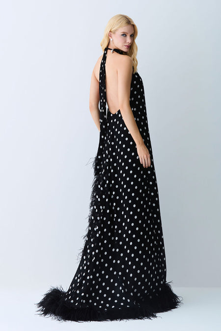VESTIDO MULLET GOLA ALTA COM AMARRACAO EM POA PRETO COM BRANCO