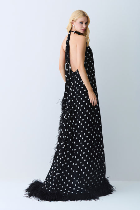 VESTIDO MULLET GOLA ALTA COM AMARRACAO EM POA PRETO COM BRANCO