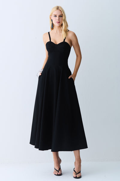 VESTIDO MIDI DRAPEADOS BUSTO E RECORTES PESPONTADOS PRETO