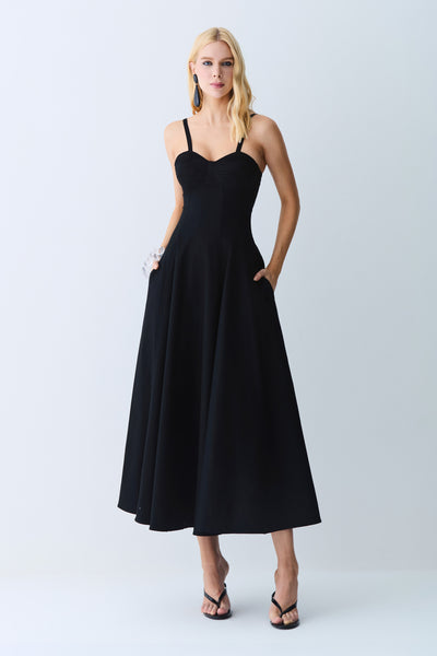 VESTIDO MIDI DRAPEADOS BUSTO E RECORTES PESPONTADOS PRETO