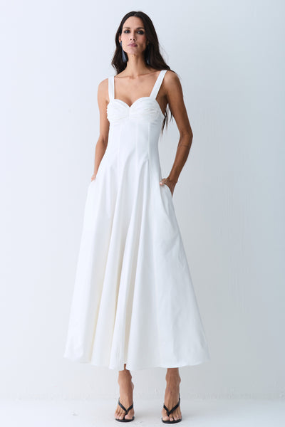VESTIDO MIDI DRAPEADOS BUSTO E RECORTES PESPONTADOS OFF WHITE