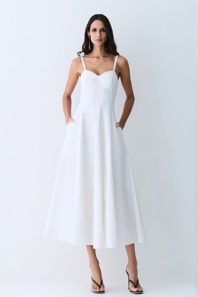 VESTIDO MIDI DRAPEADOS BUSTO E RECORTES PESPONTADOS OFF WHITE