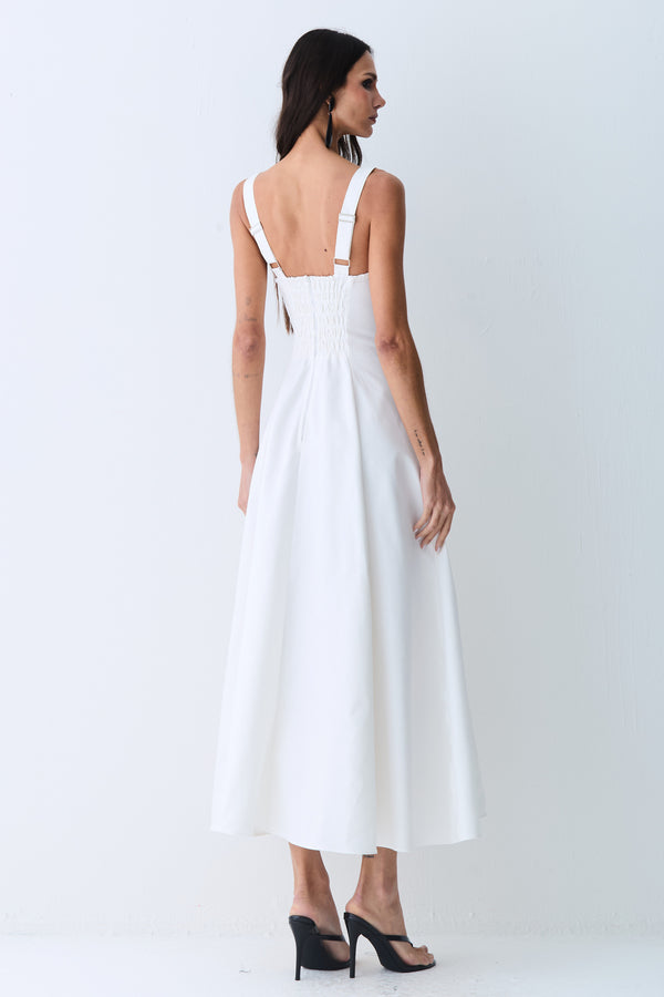 VESTIDO MIDI DRAPEADOS BUSTO E RECORTES PESPONTADOS OFF WHITE