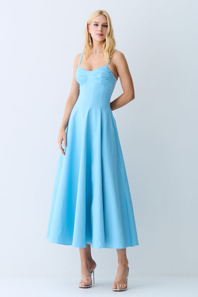 VESTIDO MIDI DRAPEADOS BUSTO E RECORTES PESPONTADOS AZUL OCEANO