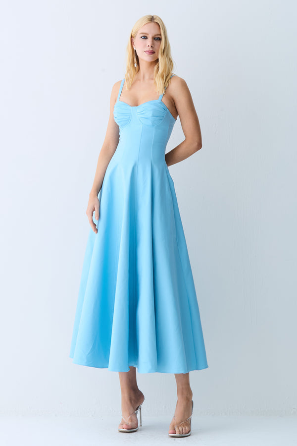 VESTIDO MIDI DRAPEADOS BUSTO E RECORTES PESPONTADOS AZUL OCEANO
