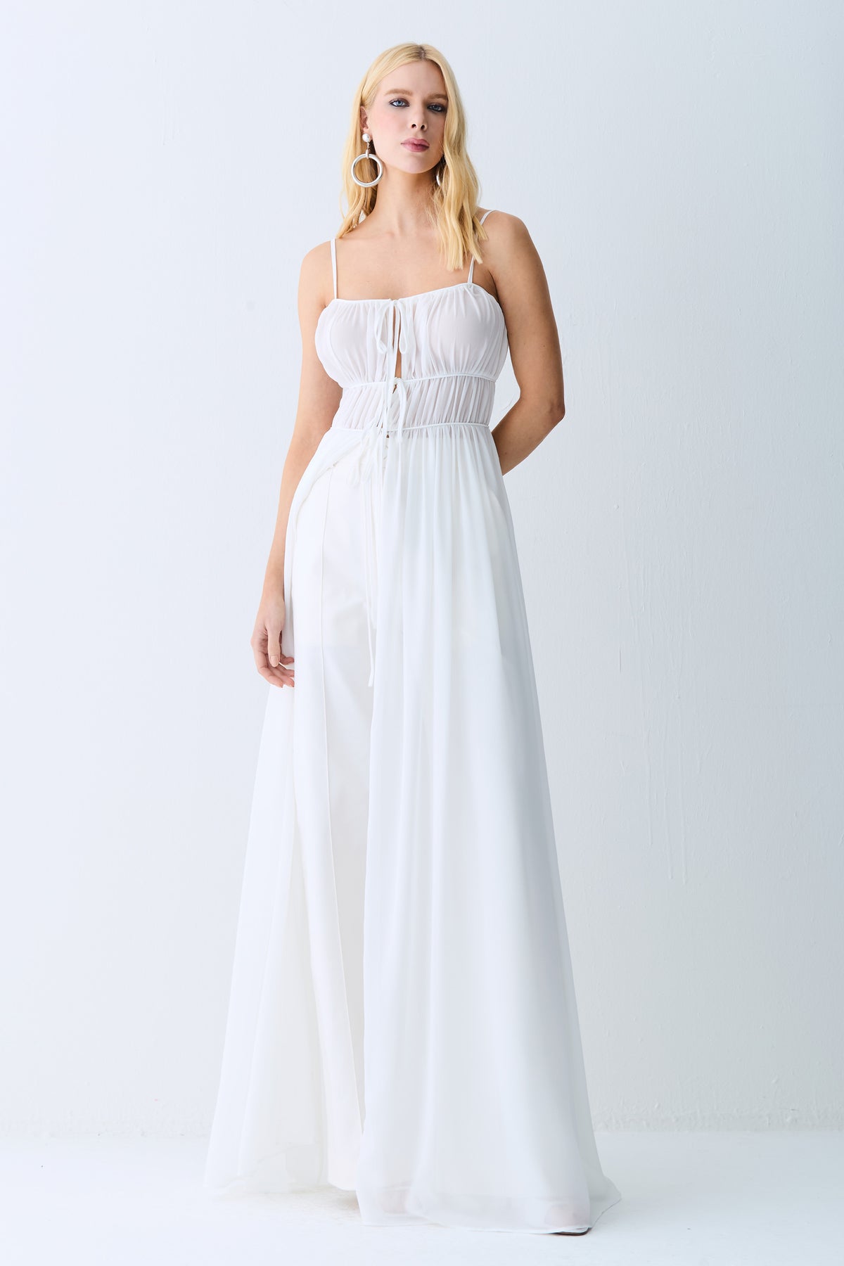 VESTIDO MIDI ALONGADO TUNICA COM AMARRACOES OFF WHITE