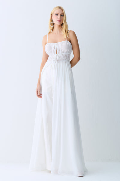 VESTIDO MIDI ALONGADO TUNICA COM AMARRACOES OFF WHITE