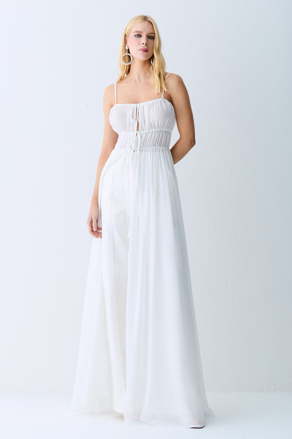 VESTIDO MIDI ALONGADO TUNICA COM AMARRACOES OFF WHITE