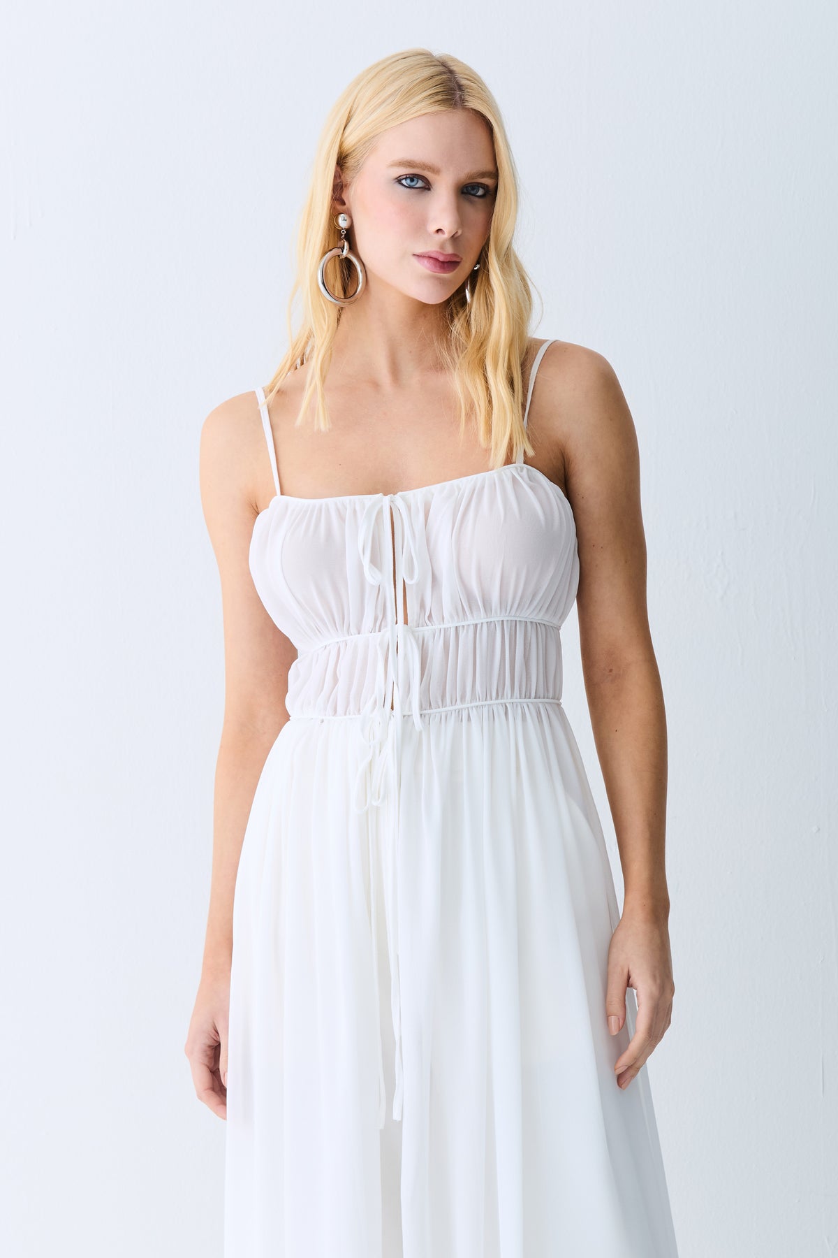 VESTIDO MIDI ALONGADO TUNICA COM AMARRACOES OFF WHITE
