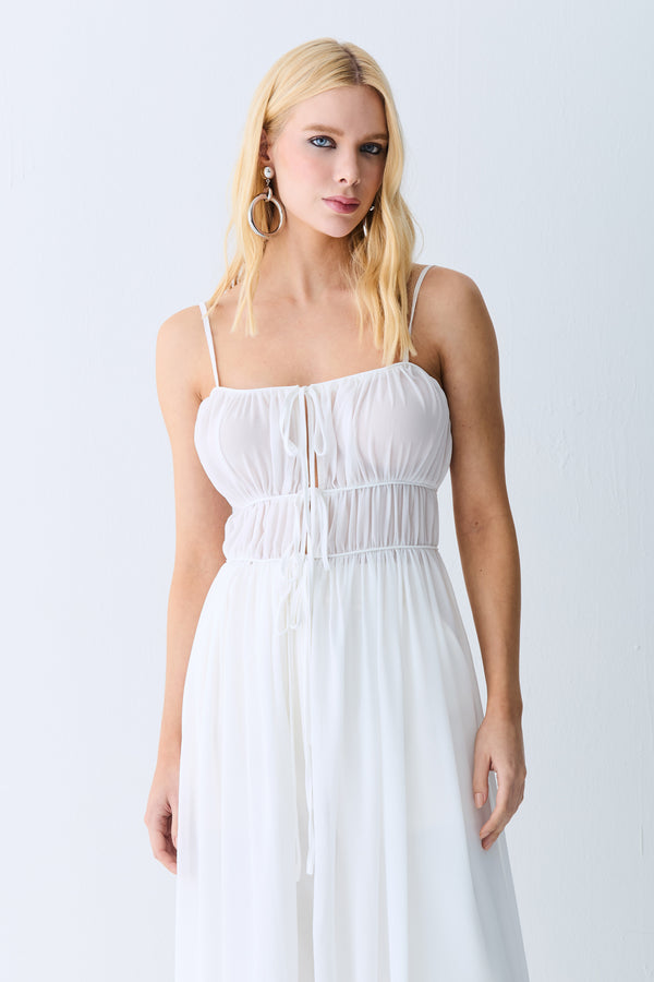 VESTIDO MIDI ALONGADO TUNICA COM AMARRACOES OFF WHITE