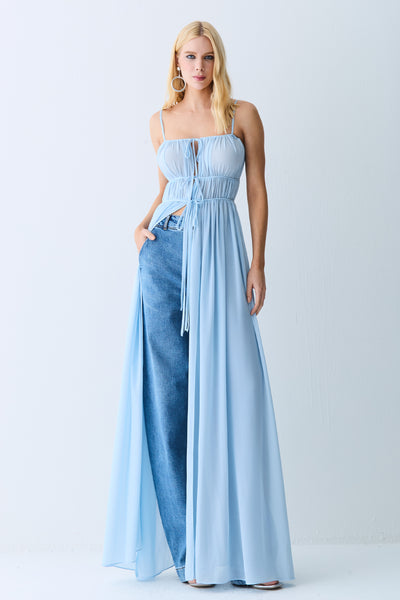VESTIDO MIDI ALONGADO TUNICA COM AMARRACOES AZUL POLAR