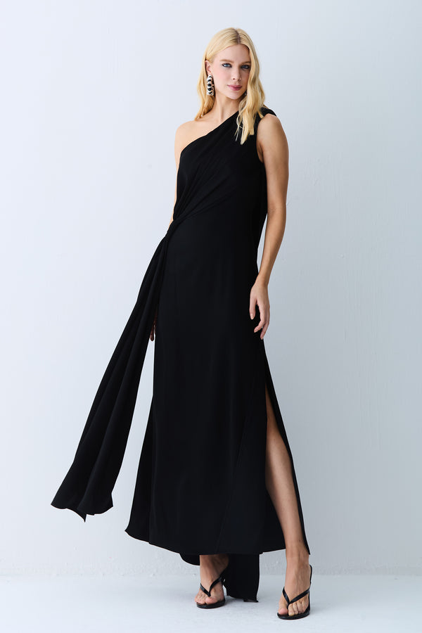 VESTIDO LONGO SOBREPOSICAO FRENTE E COSTAS E DETALHE PRETO