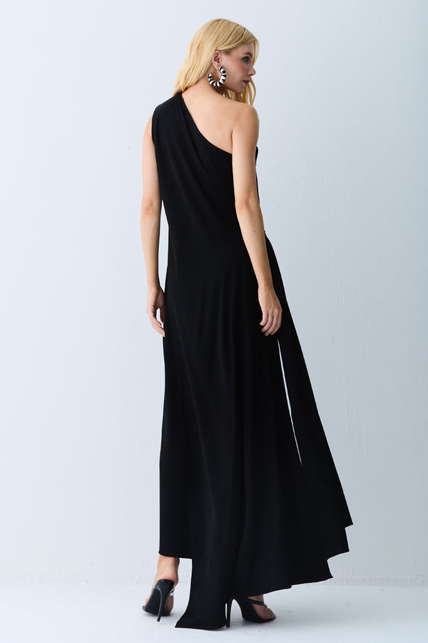 VESTIDO LONGO SOBREPOSICAO FRENTE E COSTAS E DETALHE PRETO