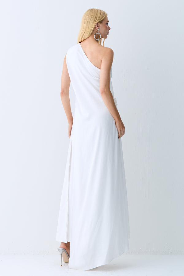 VESTIDO LONGO SOBREPOSICAO FRENTE E COSTAS E DETALHE OFF WHITE