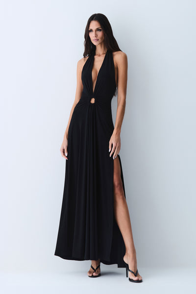 VESTIDO LONGO FRENTE UNICA  ABERTURA FRONTAL E AMARRACÃO PRETO