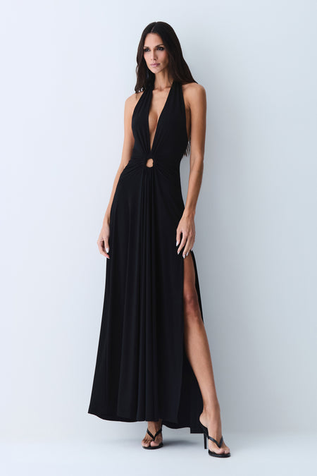 VESTIDO LONGO FRENTE UNICA  ABERTURA FRONTAL E AMARRACÃO PRETO
