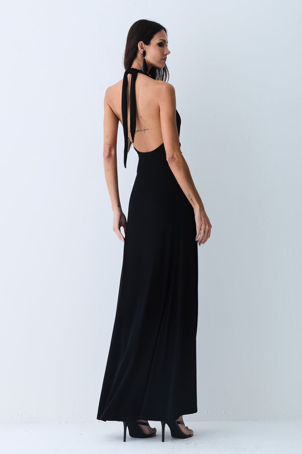 VESTIDO LONGO FRENTE UNICA  ABERTURA FRONTAL E AMARRACÃO PRETO