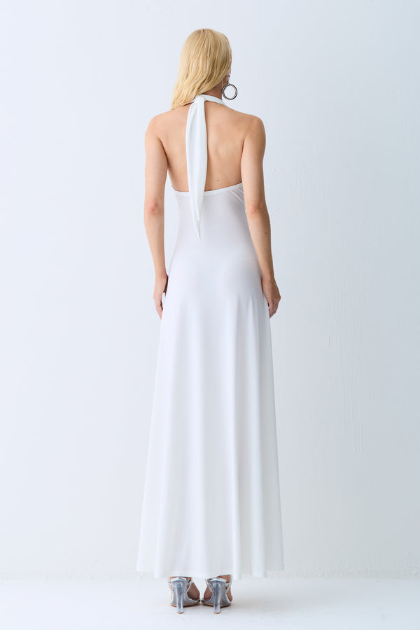 VESTIDO LONGO FRENTE UNICA  ABERTURA FRONTAL E AMARRACÃO OFF WHITE