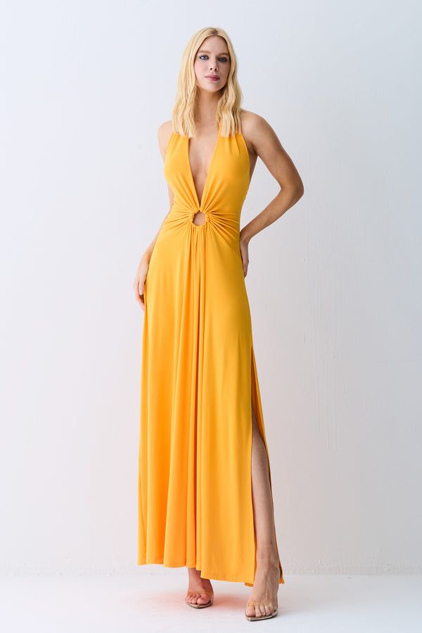 VESTIDO LONGO FRENTE UNICA  ABERTURA FRONTAL E AMARRACÃO LARANJA MANGA