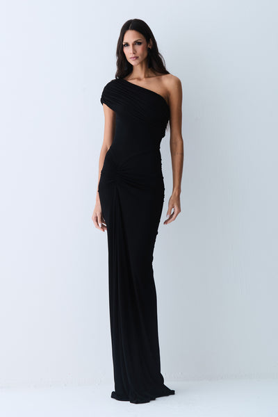 VESTIDO LONGO FRANZIDOS DETALHE FRONTAL UM OMBRO SO PRETO