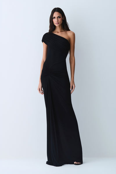 VESTIDO LONGO FRANZIDOS DETALHE FRONTAL UM OMBRO SO PRETO