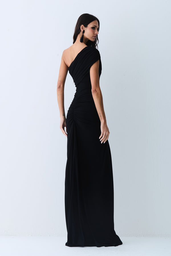 VESTIDO LONGO FRANZIDOS DETALHE FRONTAL UM OMBRO SO PRETO