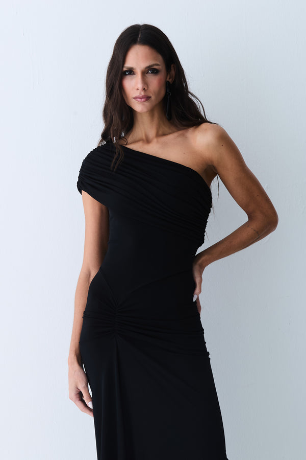 VESTIDO LONGO FRANZIDOS DETALHE FRONTAL UM OMBRO SO PRETO