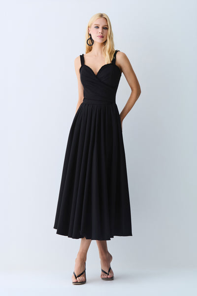 VESTIDO MIDI DETALHE DECOTE E ALCA COM PREGAS SAIA PRETO