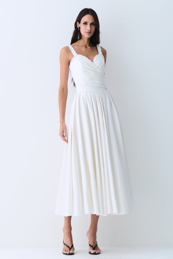 VESTIDO MIDI DETALHE DECOTE E ALCA COM PREGAS SAIA OFF WHITE