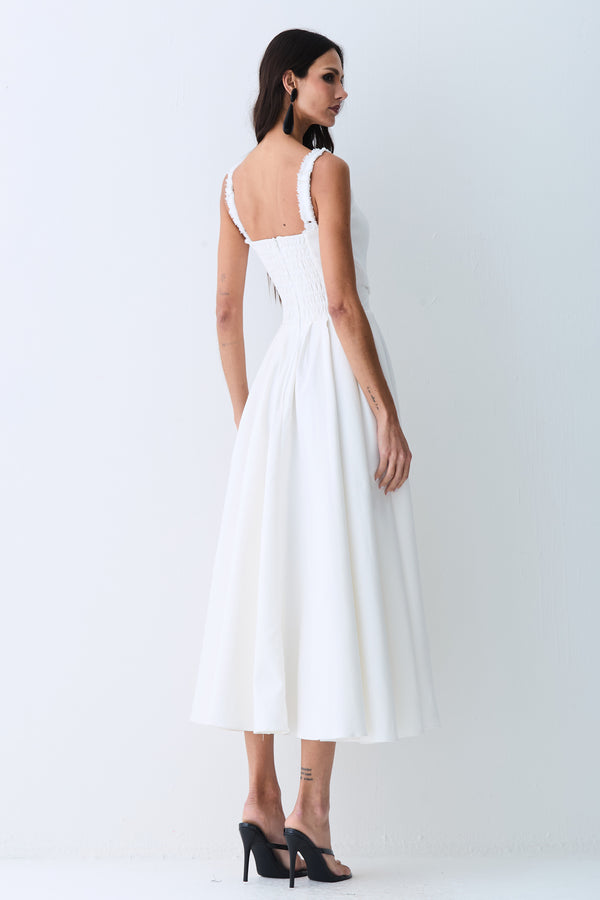 VESTIDO MIDI DETALHE DECOTE E ALCA COM PREGAS SAIA OFF WHITE