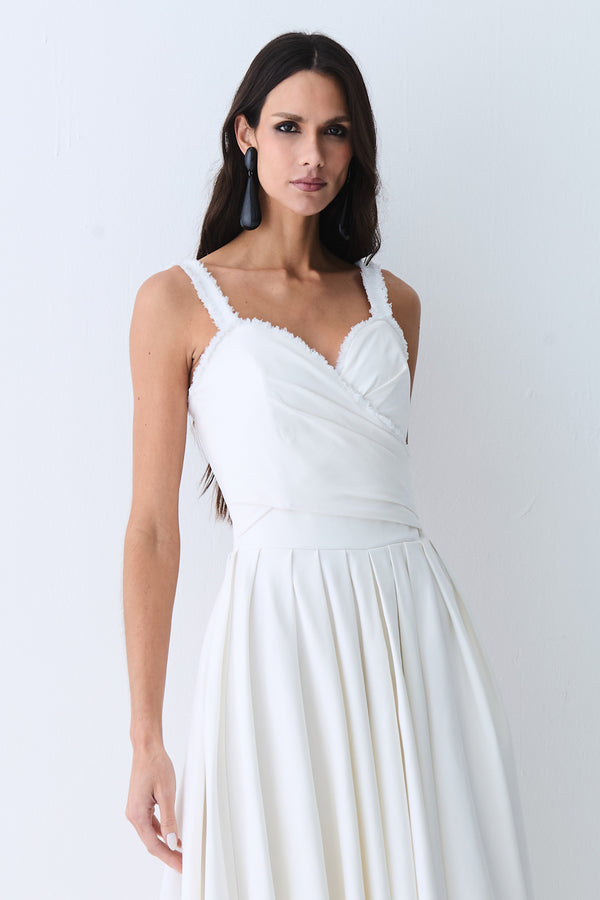 VESTIDO MIDI DETALHE DECOTE E ALCA COM PREGAS SAIA OFF WHITE