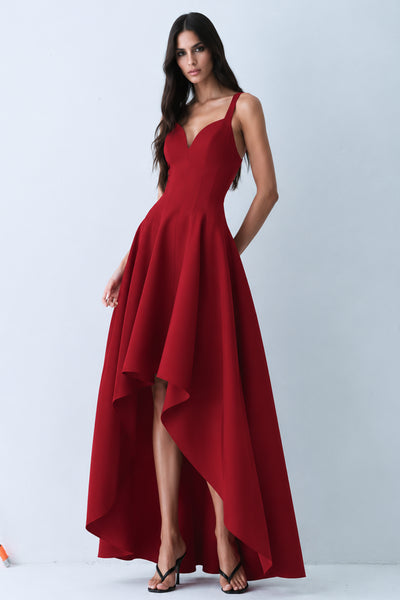 VESTIDO MULLET ESTRUTURADO COM RECORTE BUSTO E CINTURA VERMELHO