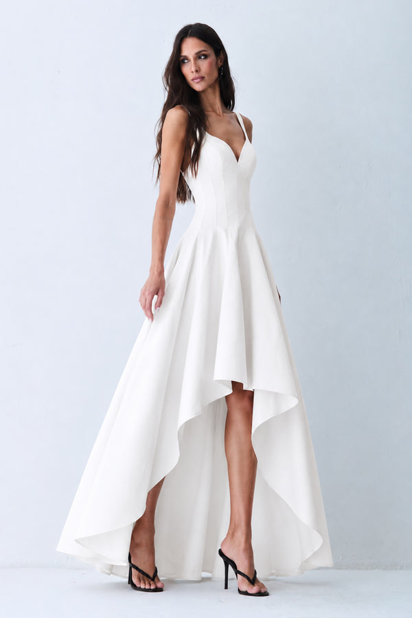 VESTIDO MULLET ESTRUTURADO COM RECORTE BUSTO E CINTURA OFF WHITE