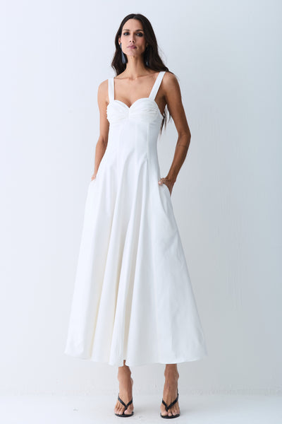 VESTIDO MIDI DRAPEADOS BUSTO E RECORTES CINTURA OFF WHITE
