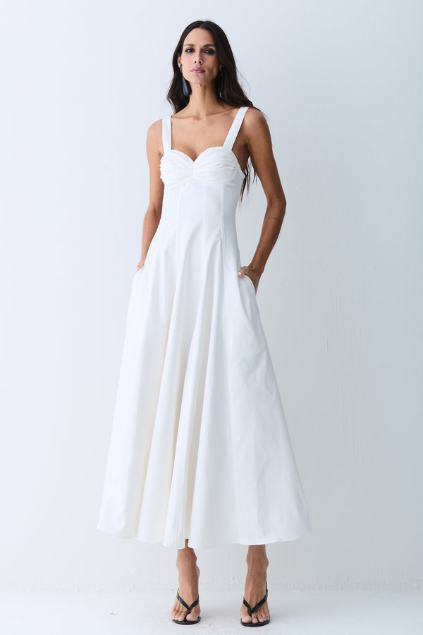 VESTIDO MIDI DRAPEADOS BUSTO E RECORTES CINTURA OFF WHITE