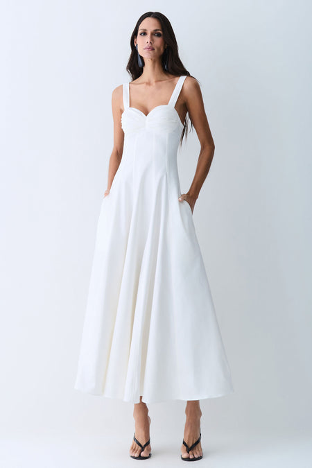VESTIDO MIDI DRAPEADOS BUSTO E RECORTES CINTURA OFF WHITE