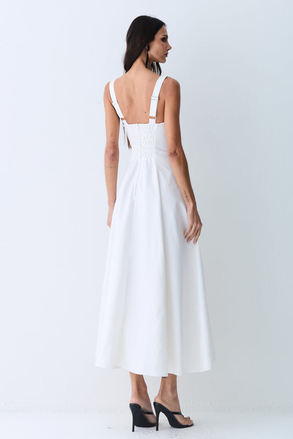 VESTIDO MIDI DRAPEADOS BUSTO E RECORTES CINTURA OFF WHITE