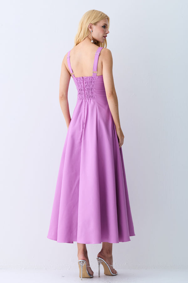 VESTIDO MIDI DRAPEADOS BUSTO E RECORTES CINTURA AZALEIA