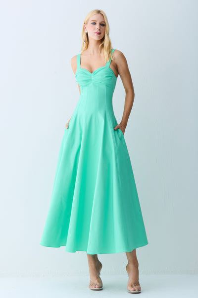 VESTIDO MIDI DRAPEADOS BUSTO E RECORTES CINTURA VERDE MARESIAS