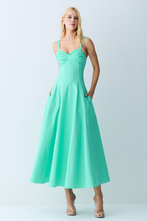 VESTIDO MIDI DRAPEADOS BUSTO E RECORTES CINTURA VERDE MARESIAS