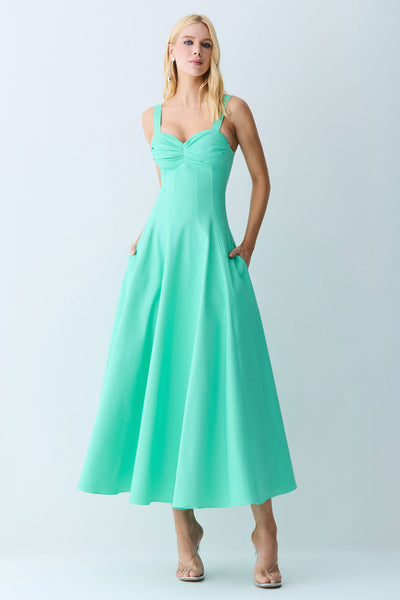 VESTIDO MIDI DRAPEADOS BUSTO E RECORTES CINTURA VERDE MARESIAS