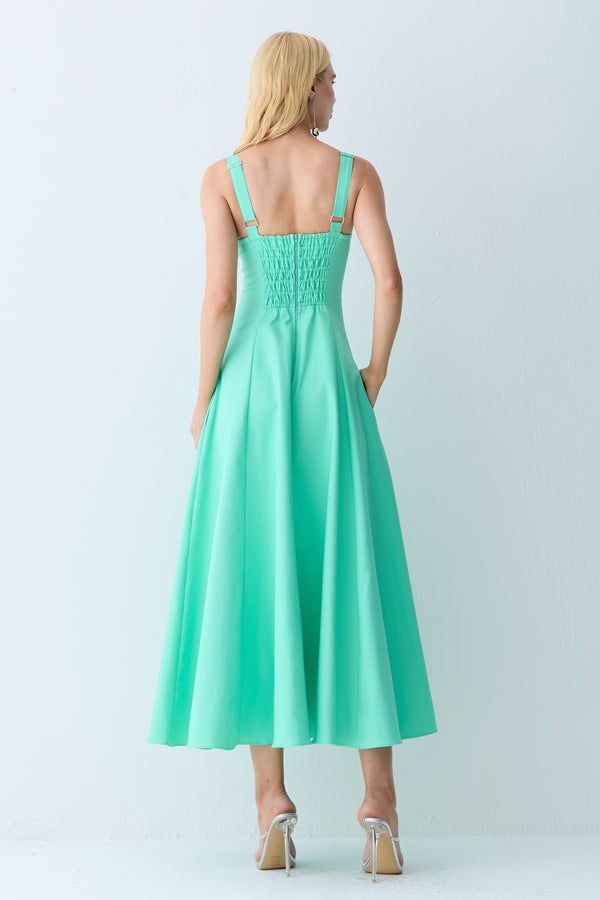 VESTIDO MIDI DRAPEADOS BUSTO E RECORTES CINTURA VERDE MARESIAS