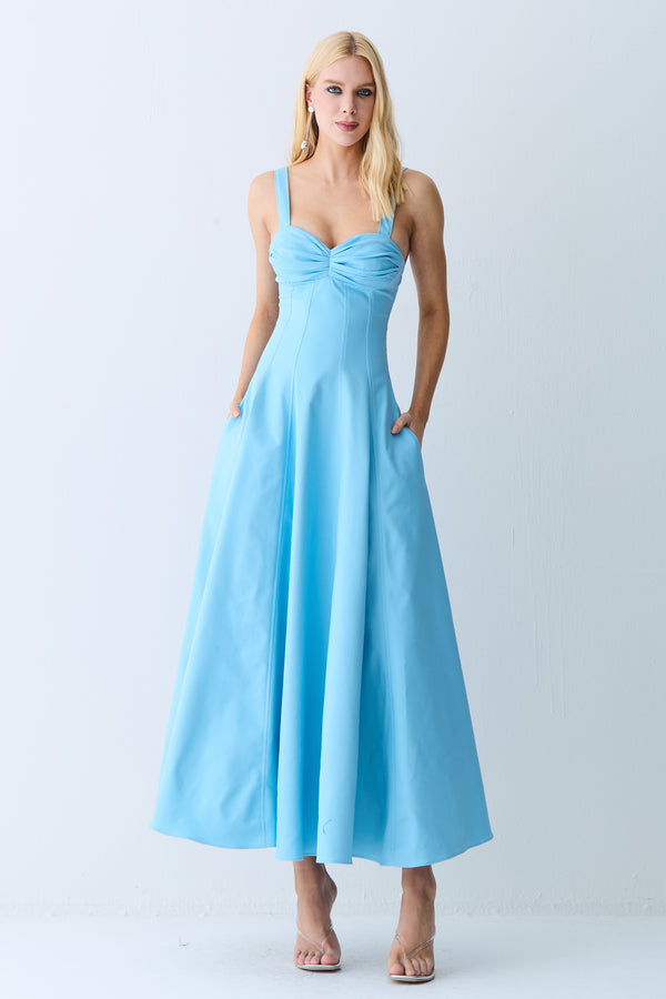 VESTIDO MIDI DRAPEADOS BUSTO E RECORTES CINTURA AZUL OCEANO