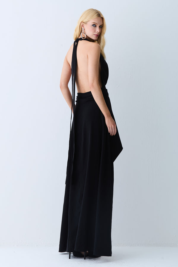 VESTIDO MULLET DECOTE PROFUNDO COM AMARRACAO PESCOCO PRETO
