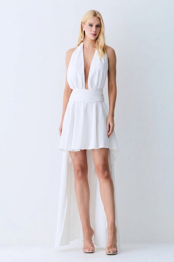 VESTIDO MULLET DECOTE PROFUNDO COM AMARRACAO PESCOCO OFF WHITE