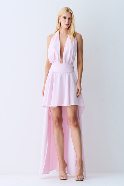 VESTIDO MULLET DECOTE PROFUNDO COM AMARRACAO PESCOCO ROSA BEBE