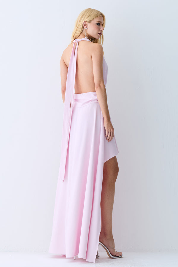 VESTIDO MULLET DECOTE PROFUNDO COM AMARRACAO PESCOCO ROSA BEBE