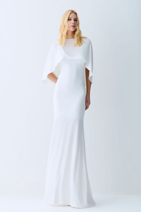 VESTIDO LONGO DECOTE V ABERTURA COSTAS E CAPA OFF WHITE